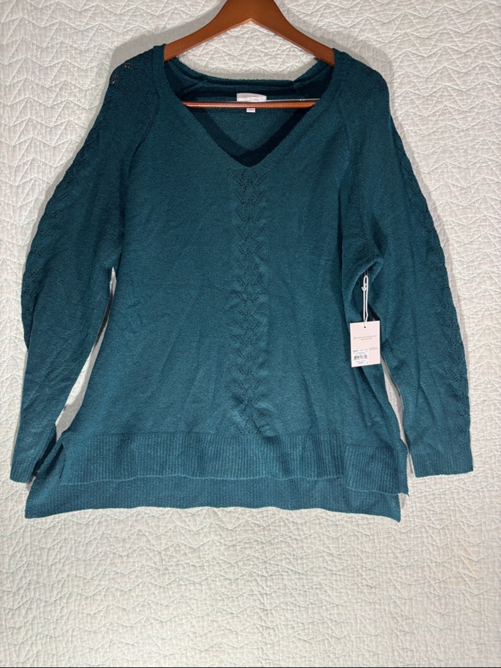 LC Lauren Conrad Teal Green V-Neck Cable-Knit Sweater